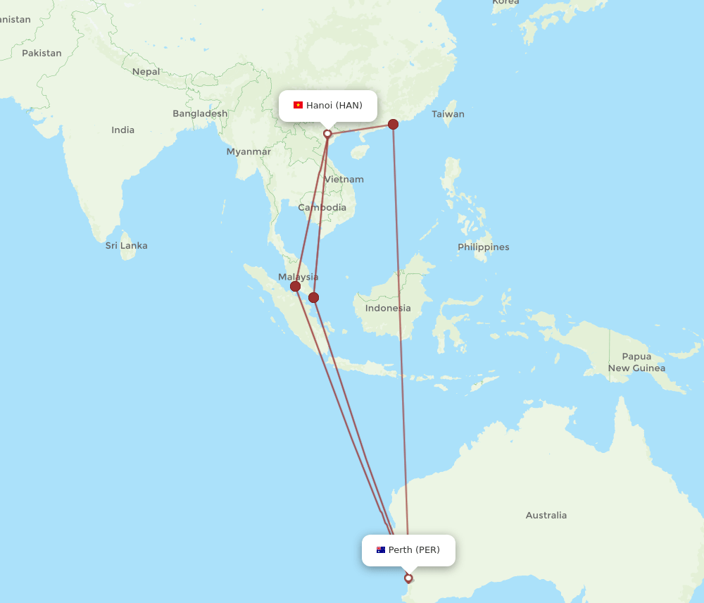 All Flight Routes From Perth To Hanoi PER To HAN Flight Routes