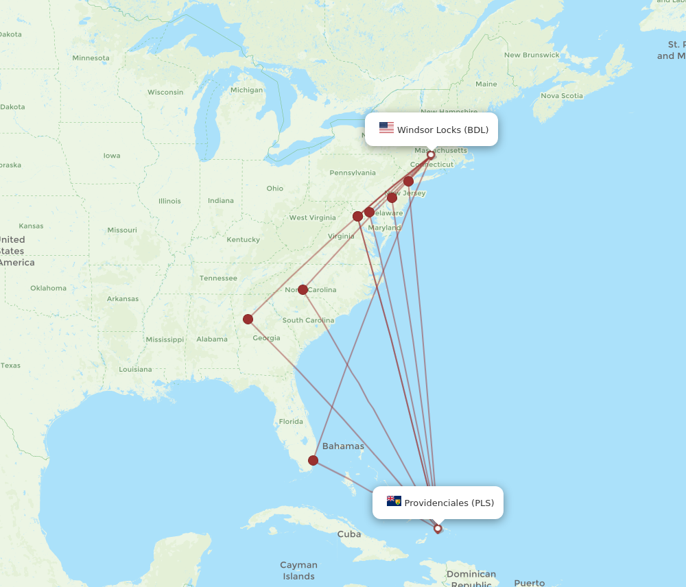 All Flight Routes From Providenciales To Hartford Pls To Bdl Flight