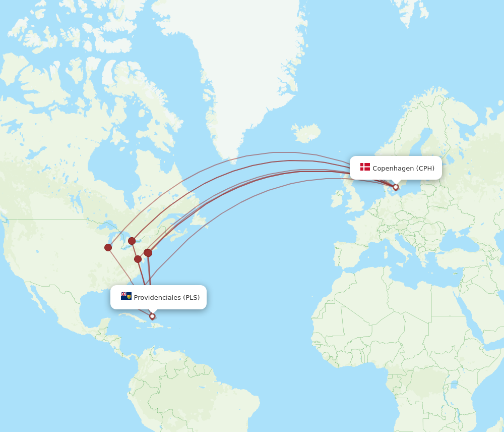 All Flight Routes From Providenciales To Copenhagen Pls To Cph