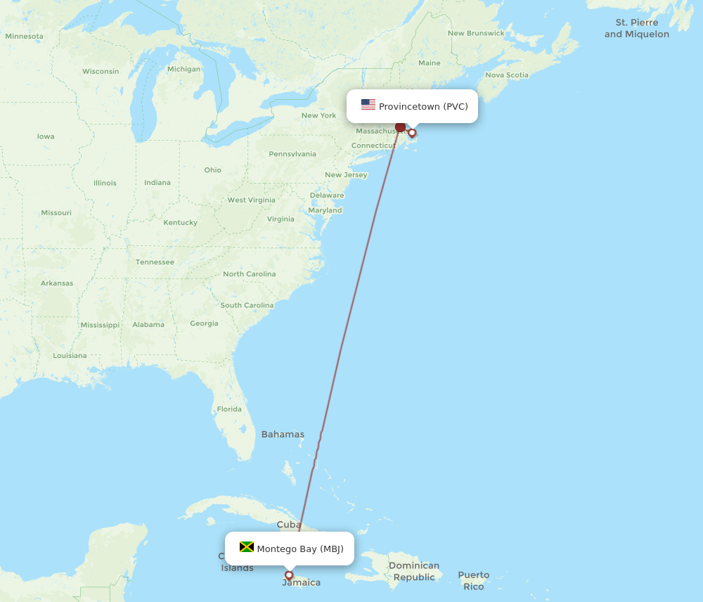 All Flight Routes From Provincetown To Montego Bay Pvc To Mbj Flight