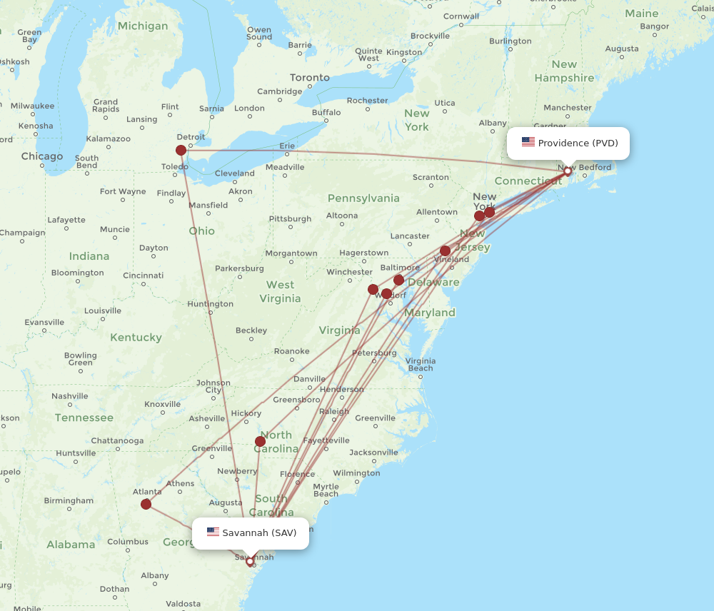 All Flight Routes From Providence To Savannah PVD To SAV Flight Routes