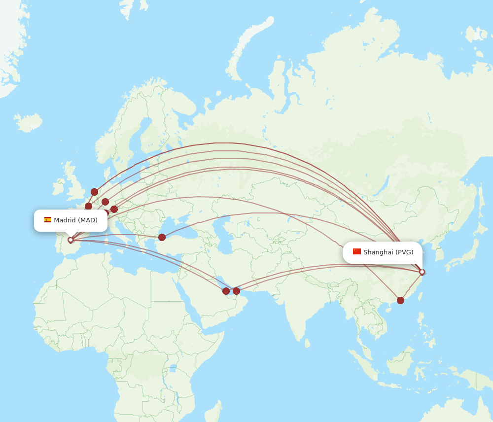 All Flight Routes From Shanghai To Madrid Pvg To Mad Flight Routes