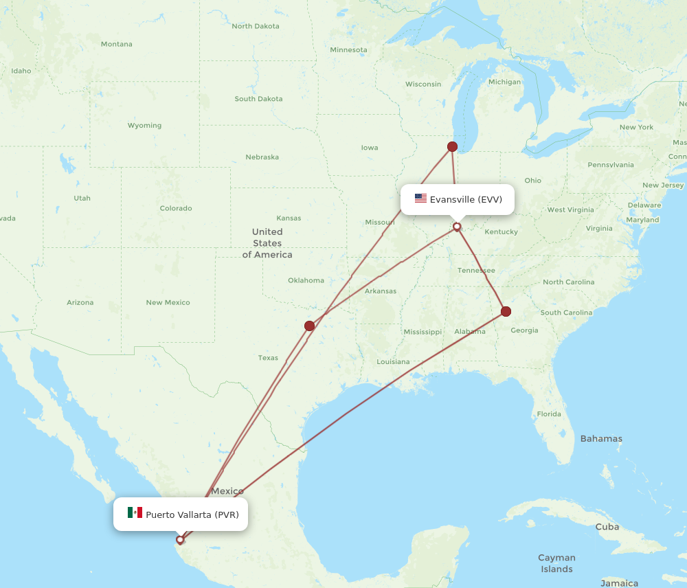 All Flight Routes From Puerto Vallarta To Evansville PVR To EVV