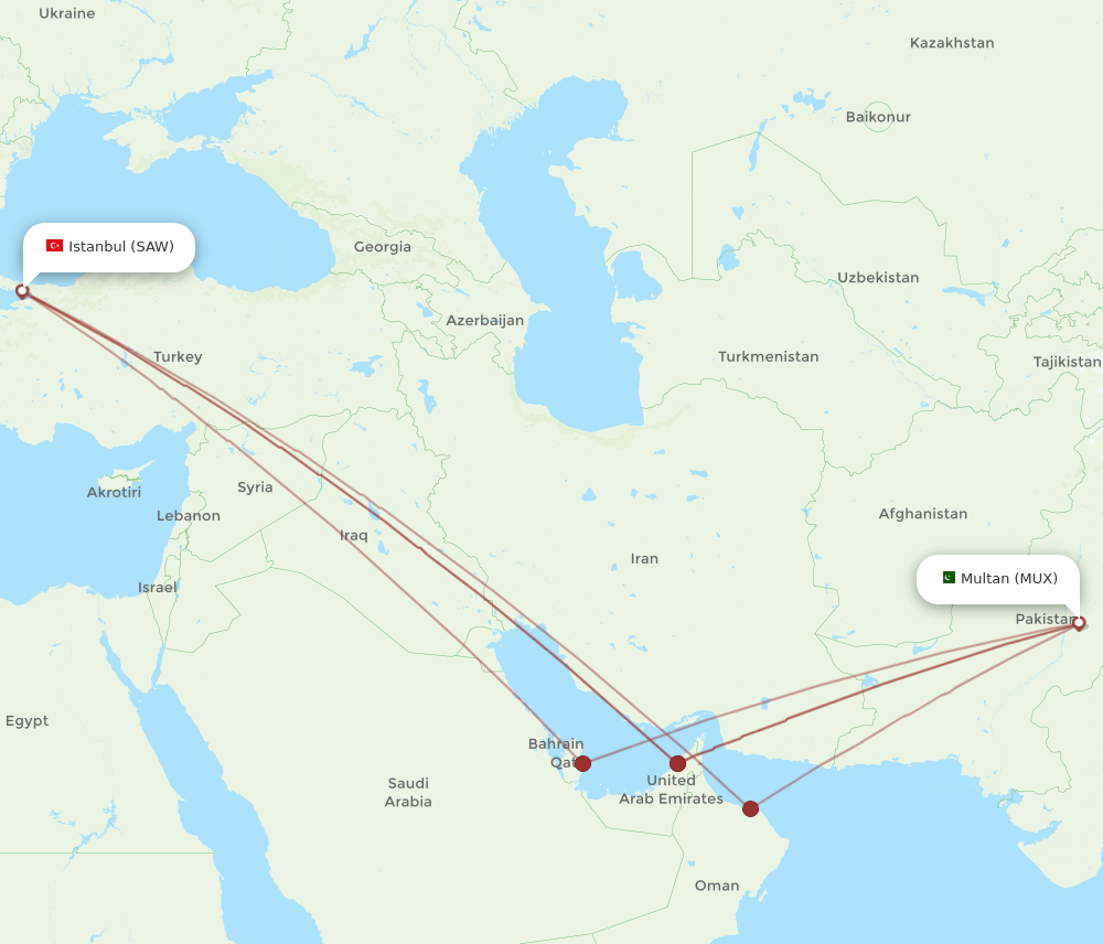 All Flight Routes From Istanbul To Multan SAW To MUX Flight Routes