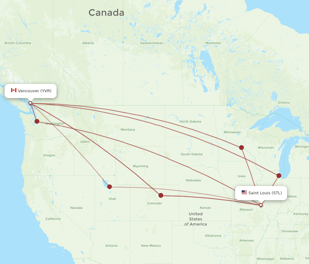 All Flight Routes From Vancouver To Saint Louis YVR To STL Flight Routes