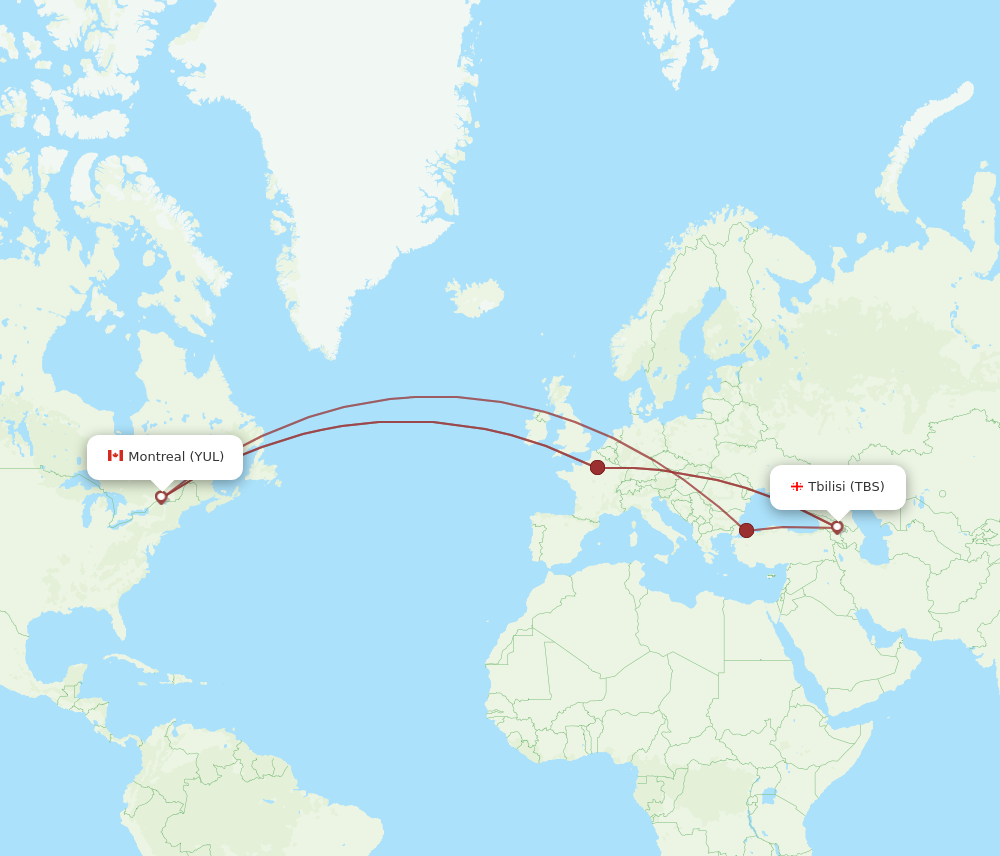 All Flight Routes From Montreal To Tbilisi YUL To TBS Flight Routes