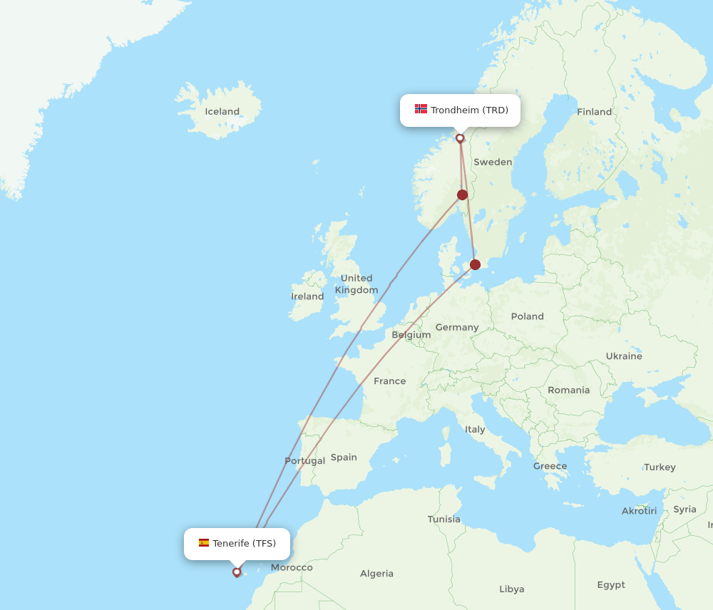 All Flight Routes From Tenerife To Trondheim TFS To TRD Flight Routes