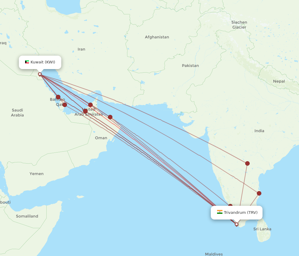 All Flight Routes From Thiruvananthapuram To Kuwait TRV To KWI