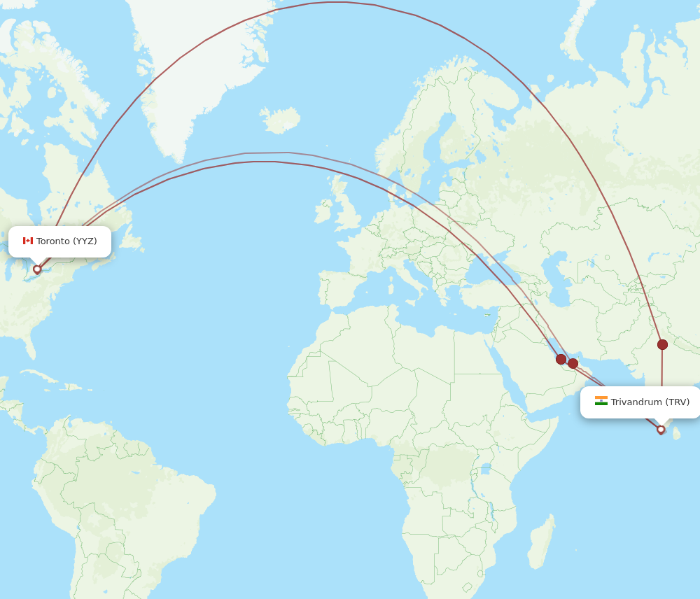 All Flight Routes From Toronto To Thiruvananthapuram YYZ To TRV