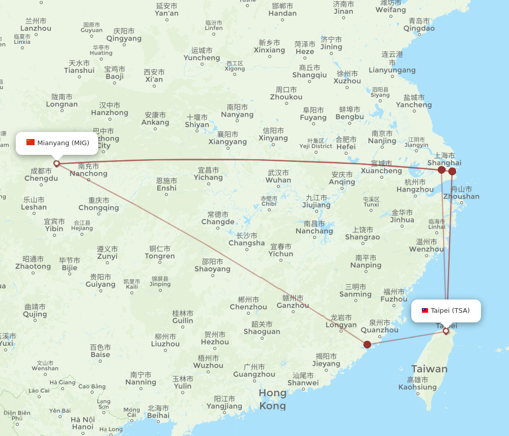 All Flight Routes From Taipei To Mian Yang Tsa To Mig Flight Routes