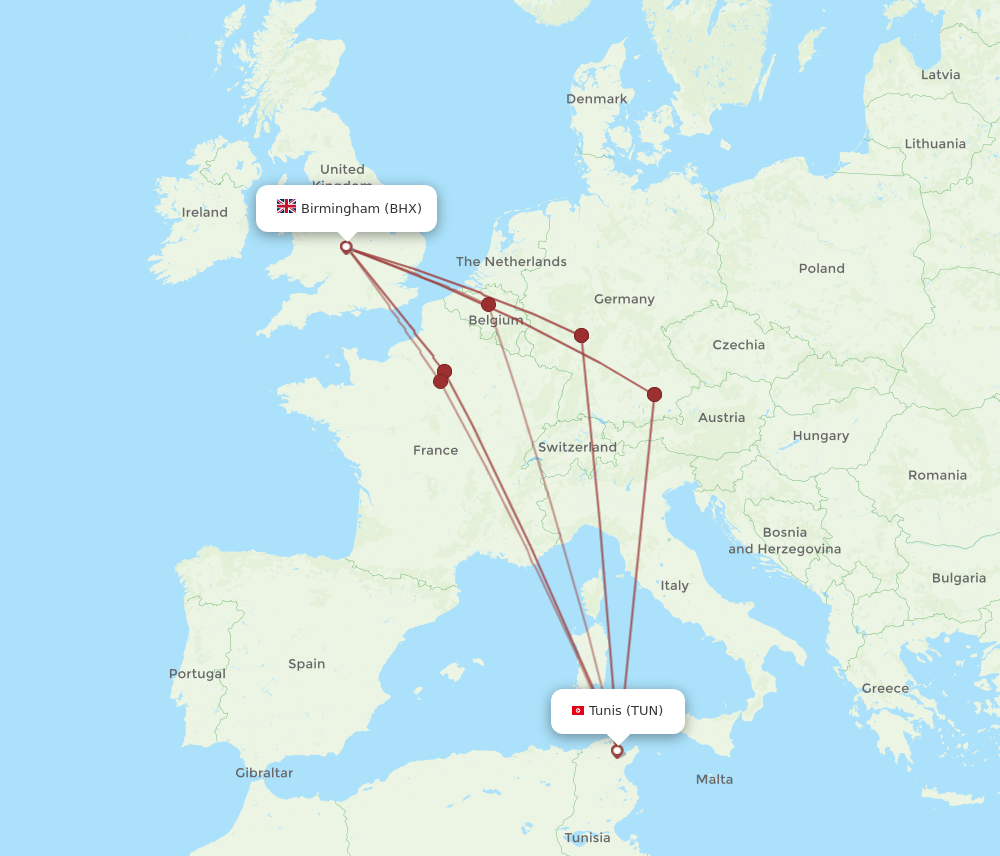 All Flight Routes From Tunis To Birmingham TUN To BHX Flight Routes