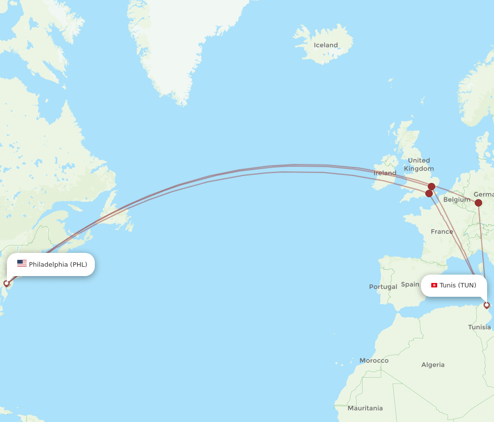 All Flight Routes From Tunis To Philadelphia TUN To PHL Flight Routes