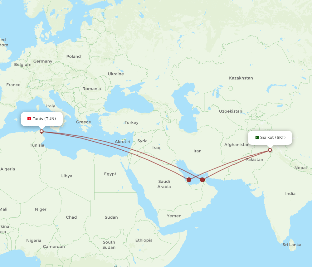 All Flight Routes From Tunis To Sialkot TUN To SKT Flight Routes