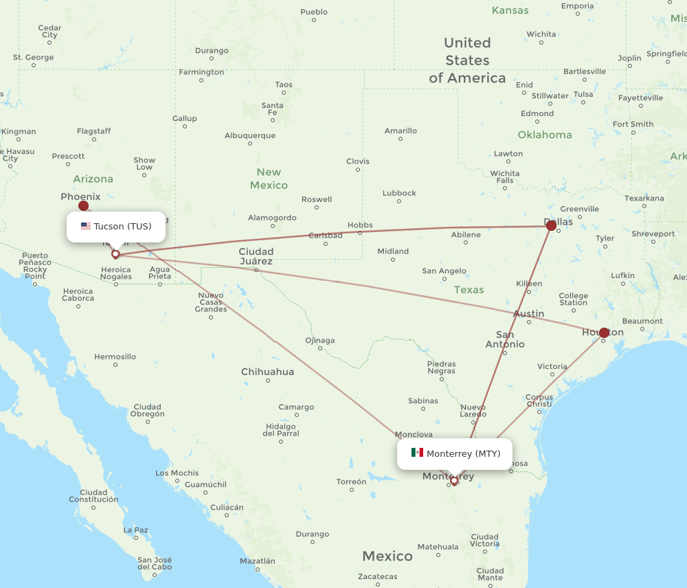 All Flight Routes From Tucson To Monterrey TUS To MTY Flight Routes