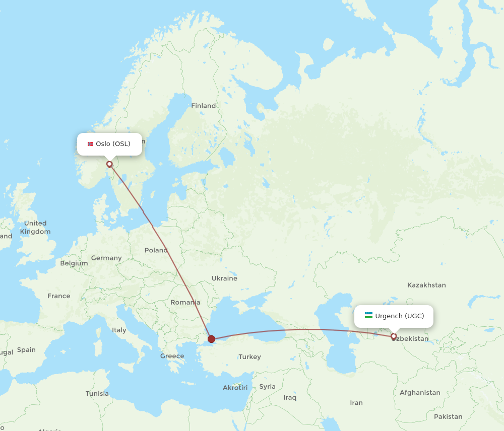 All Flight Routes From Urgench To Oslo UGC To OSL Flight Routes