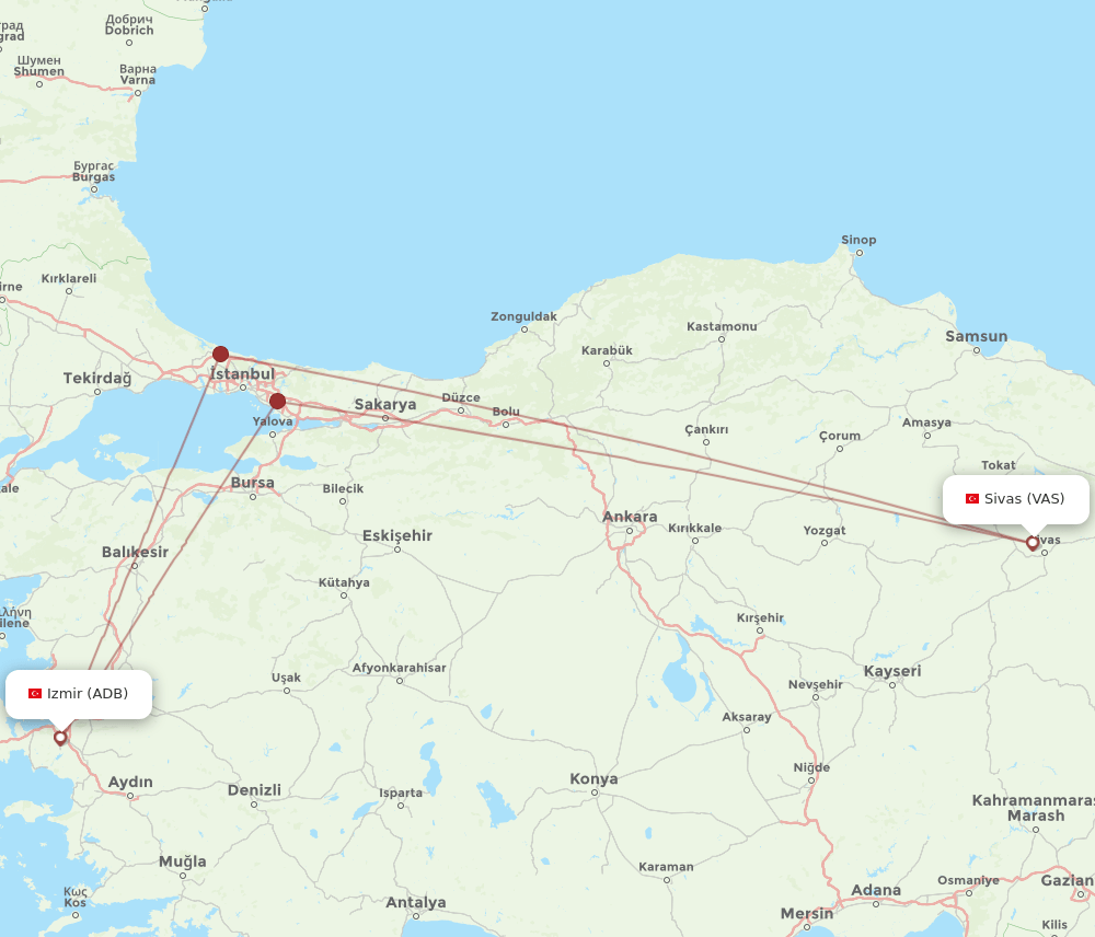 All Flight Routes From Sivas To Izmir VAS To ADB Flight Routes