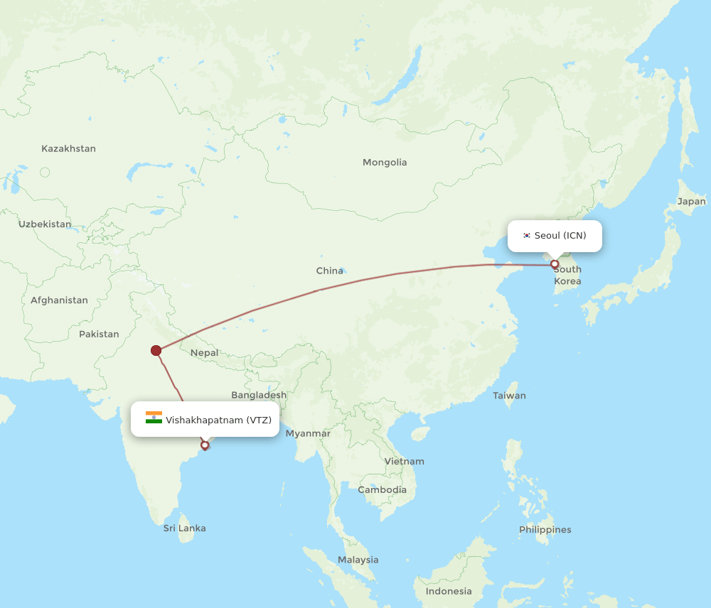 All Flight Routes From Seoul To Vishakhapatnam ICN To VTZ Flight Routes