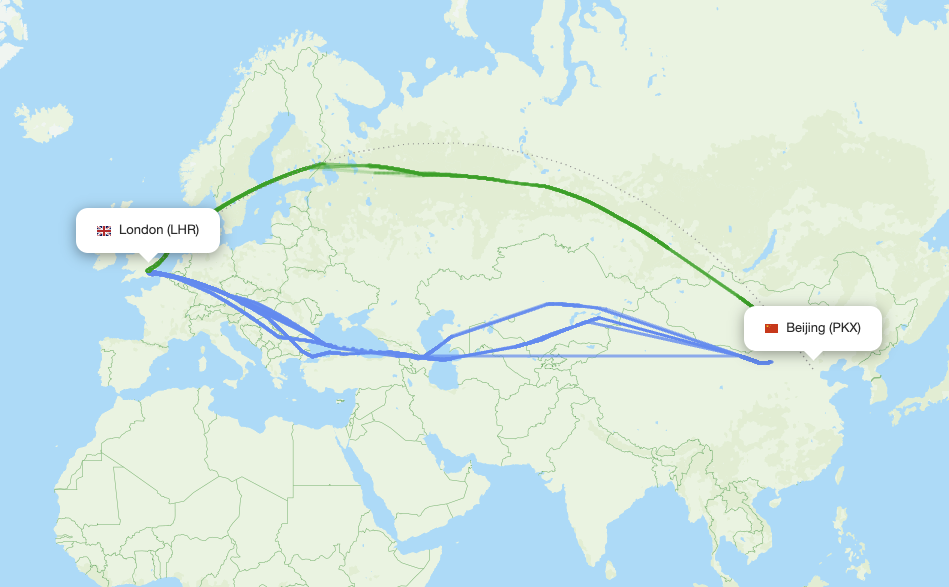 London (LHR) - Beijing (PKX) actual flight path