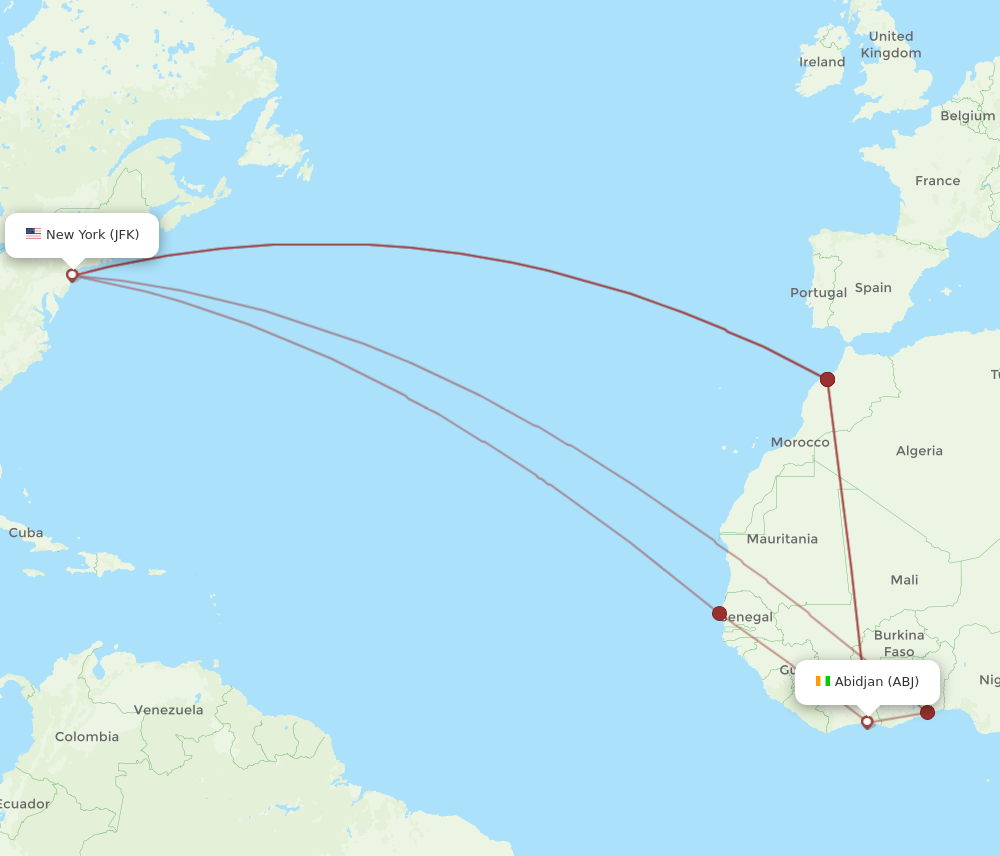 Flights from Abidjan to New York ABJ to JFK Flight Routes