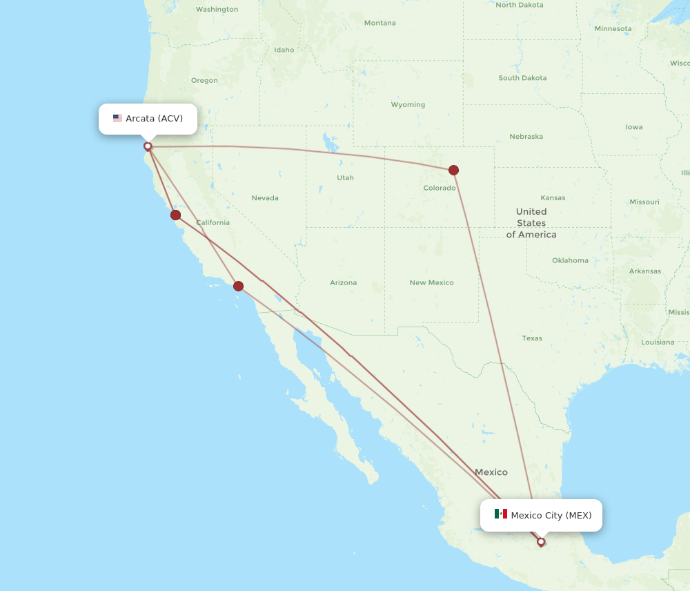 All flight routes from Arcata to Mexico City, ACV to MEX - Flight Routes