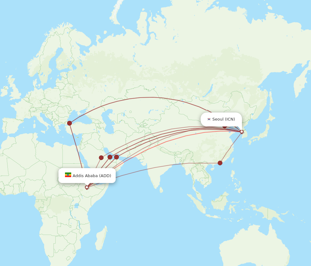 All Flight Routes From Addis Ababa To Seoul, ADD To ICN - Flight Routes