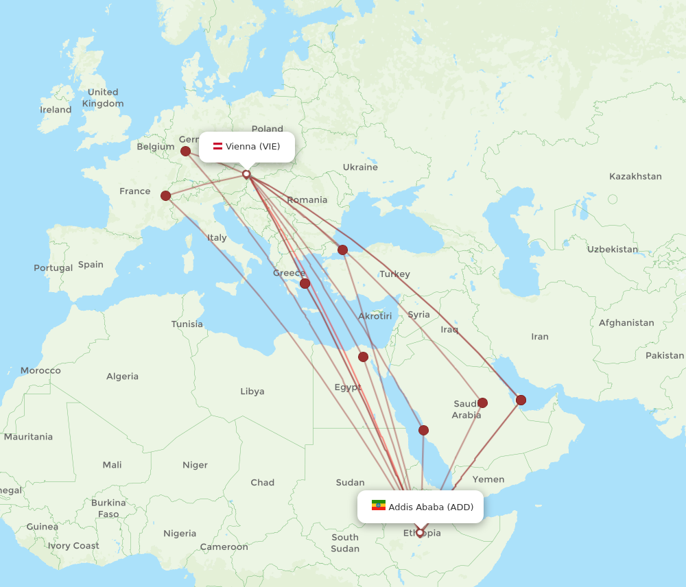 All flight routes from Addis Ababa to Vienna, ADD to VIE - Flight Routes