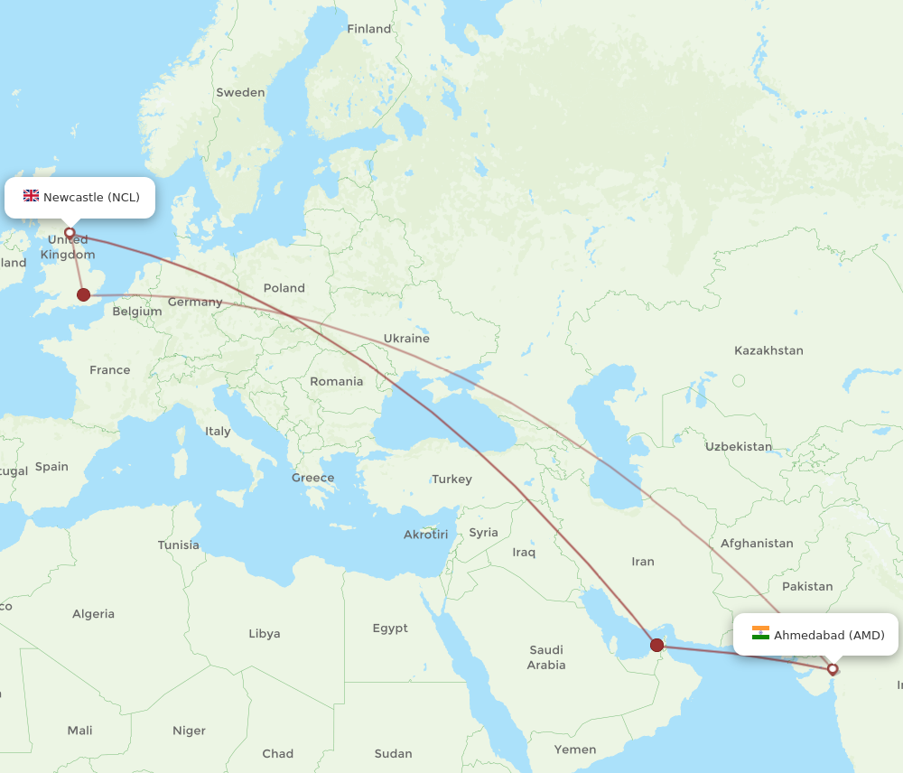 AMD to NCL flights and routes map