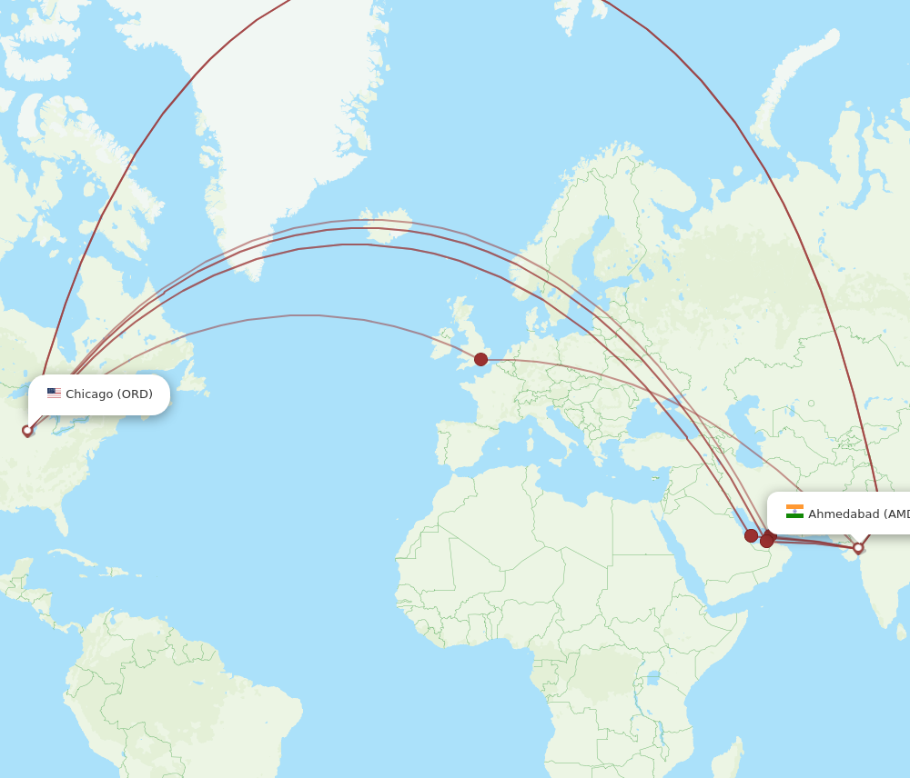 All flight routes from Ahmedabad to Chicago, AMD to ORD Flight Routes