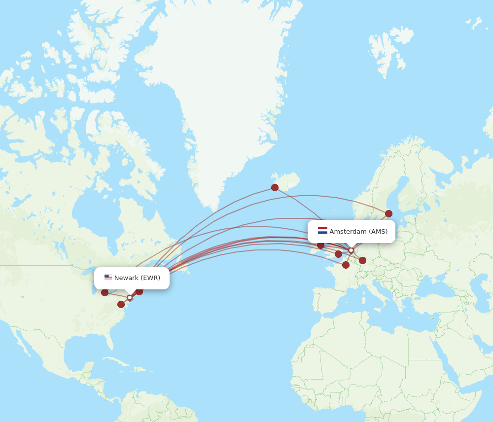 All flight routes from Amsterdam to New York, AMS to EWR Flight Routes