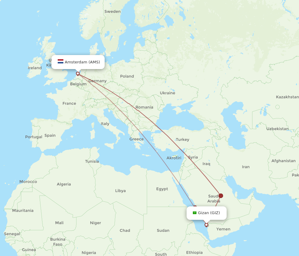 AMS to GIZ flights and routes map