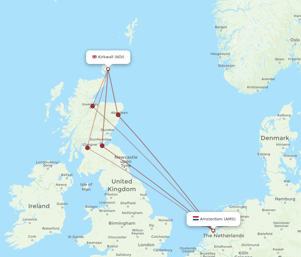 All flight routes from Amsterdam to Kirkwall, AMS to KOI - Flight Routes