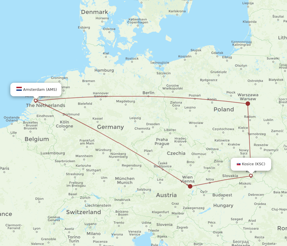 All flight routes from Amsterdam to Kosice, AMS to KSC - Flight Routes