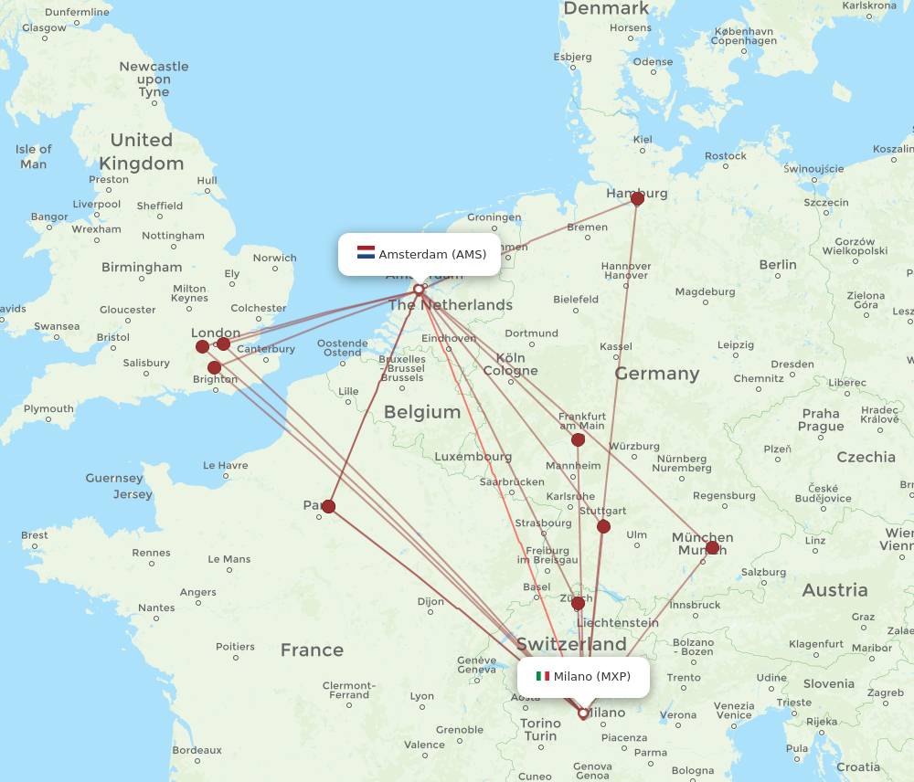 Flights from Amsterdam to Milan AMS to MXP Flight Routes