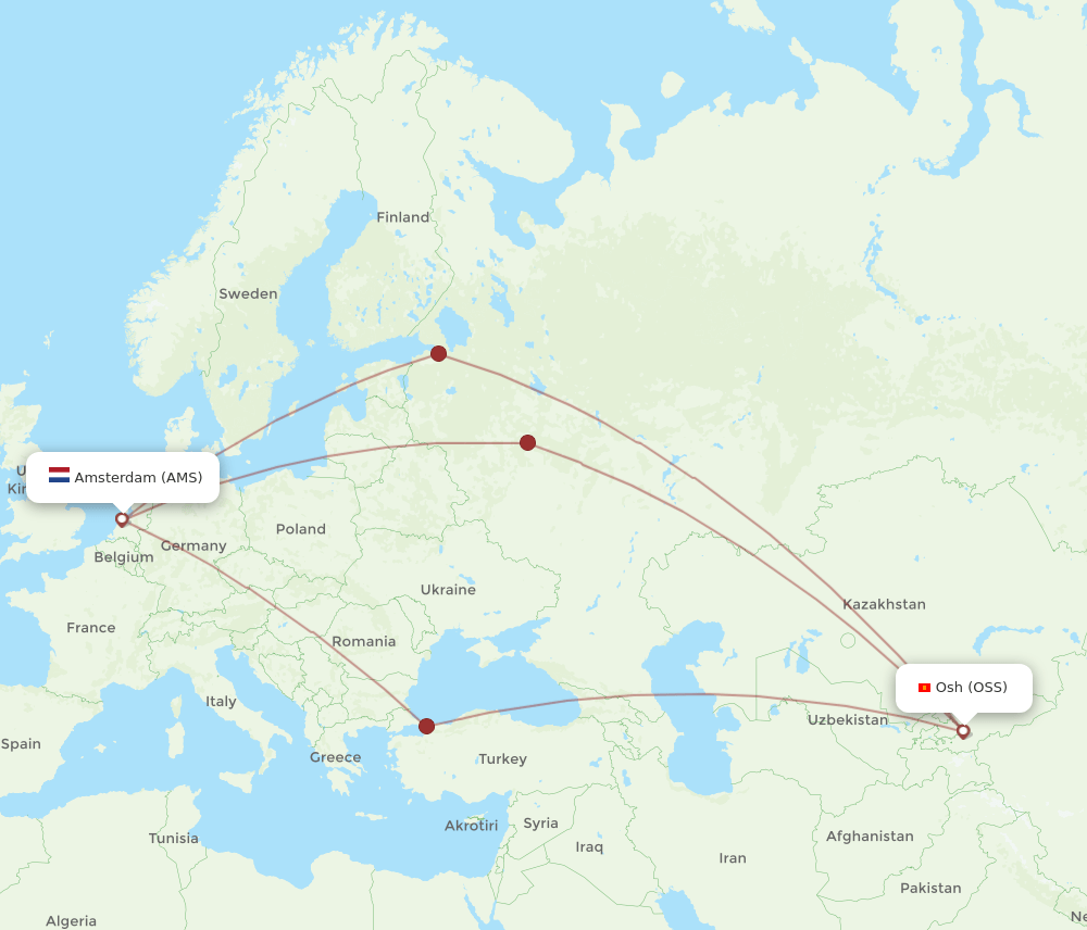 All flight routes from Amsterdam to Osh, AMS to OSS - Flight Routes