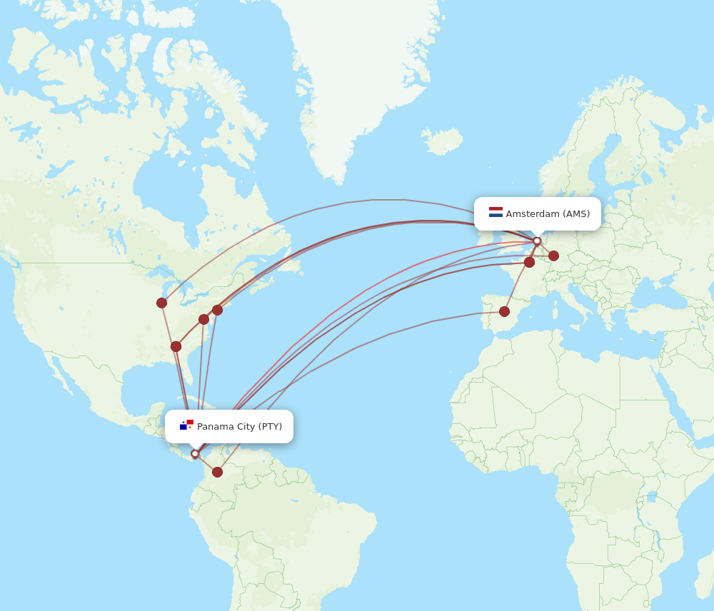 All flight routes from Amsterdam to Panama City, AMS to PTY Flight Routes