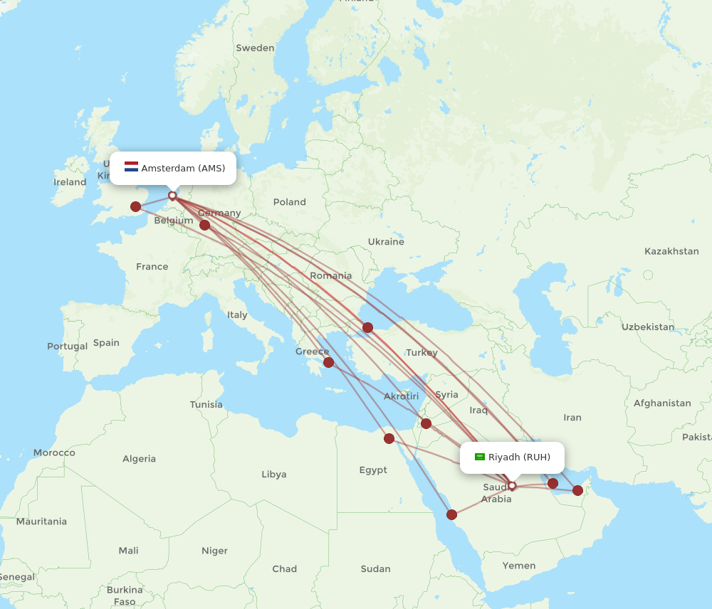 AMS to RUH flights and routes map
