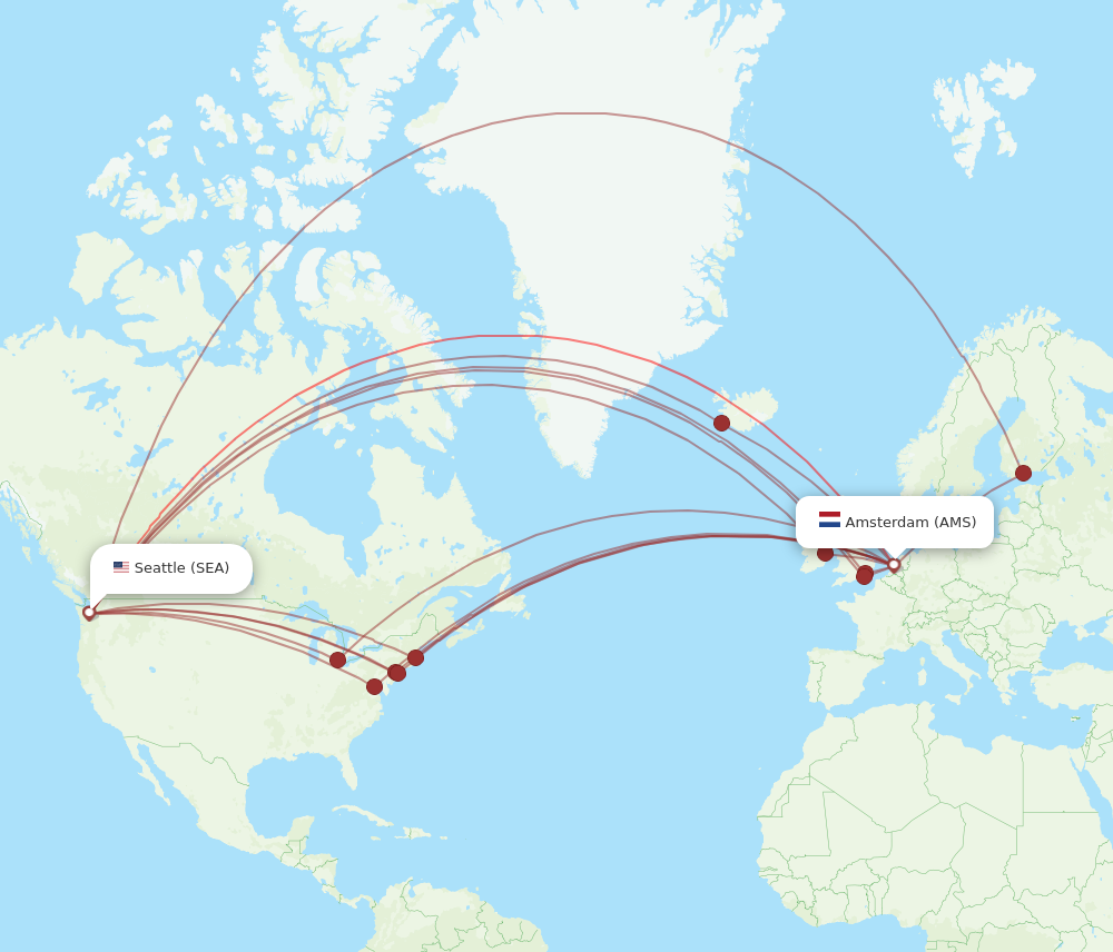 All flight routes from Amsterdam to Seattle, AMS to SEA Flight Routes