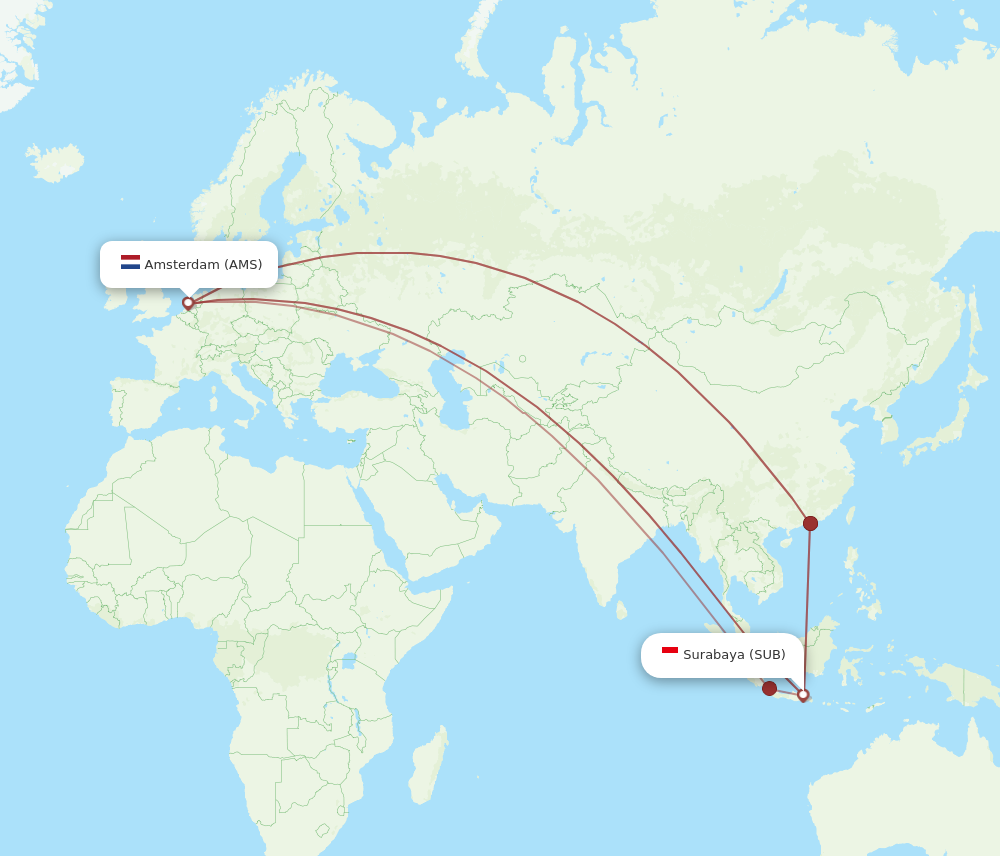 AMS to SUB flights and routes map