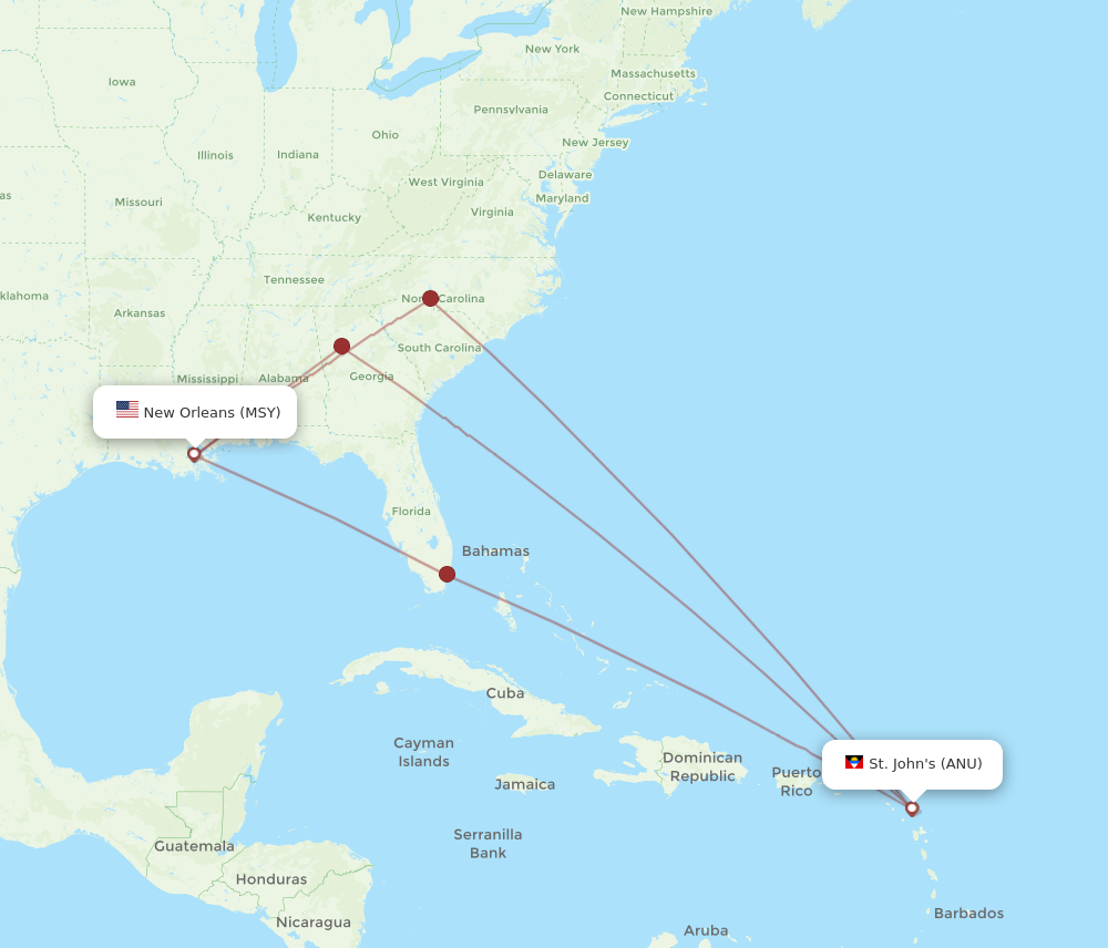 Flights from Antigua to New Orleans ANU to MSY Flight Routes