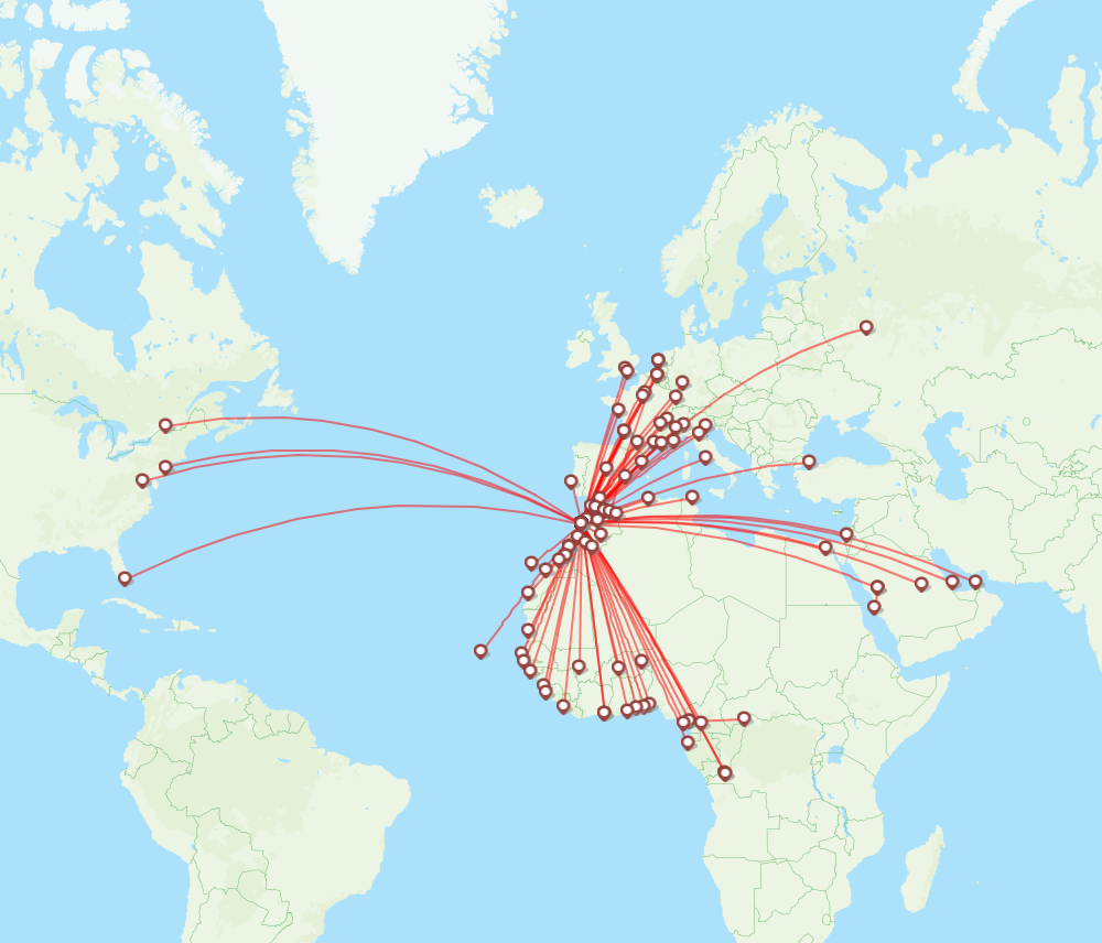 Royal Air Maroc airline routes (AT) 2024, map - Flight Routes