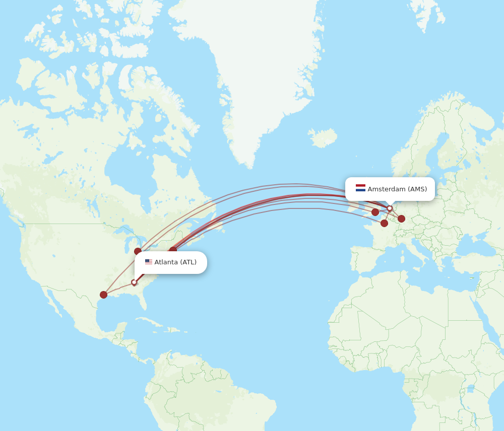 All flight routes from Atlanta to Amsterdam, ATL to AMS Flight Routes