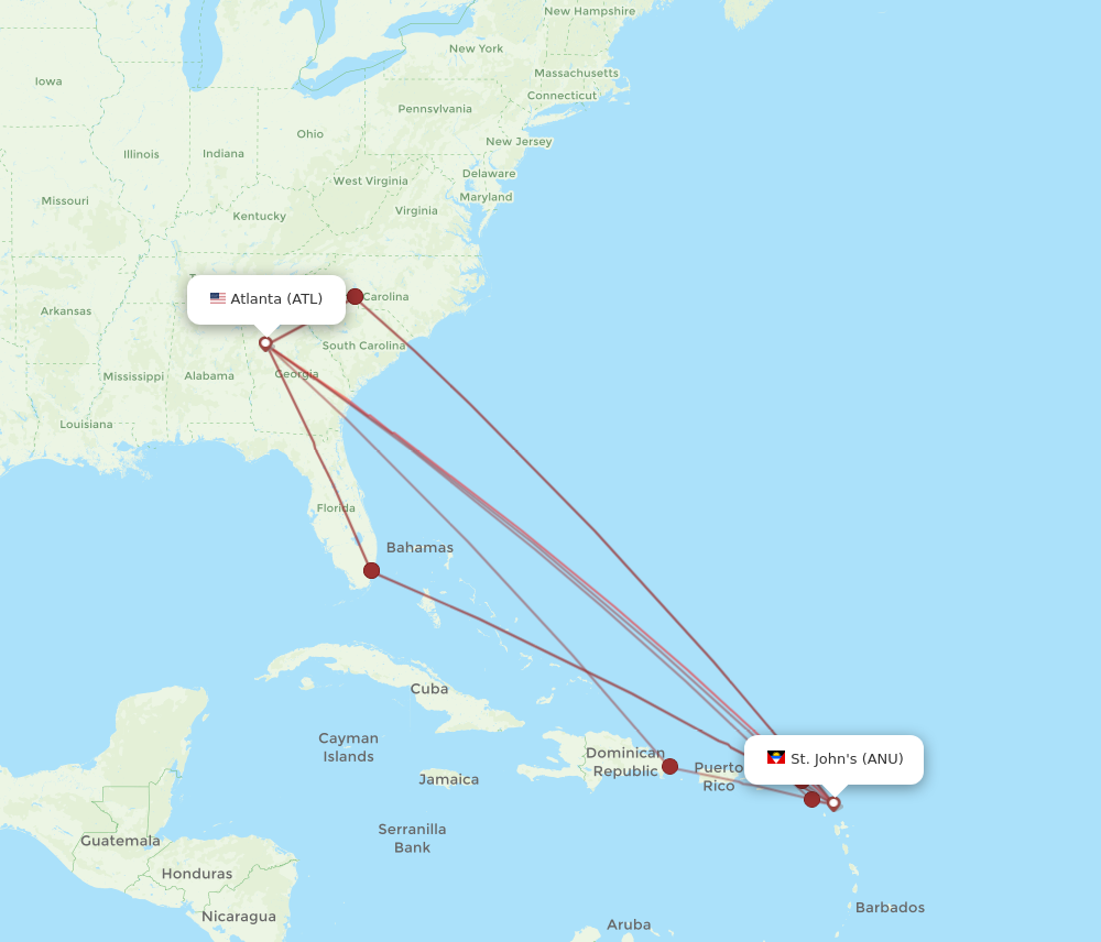 All flight routes from Atlanta to Antigua, ATL to ANU - Flight Routes