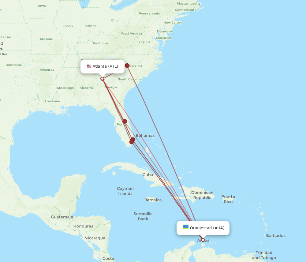 ATL to AUA flights and routes map
