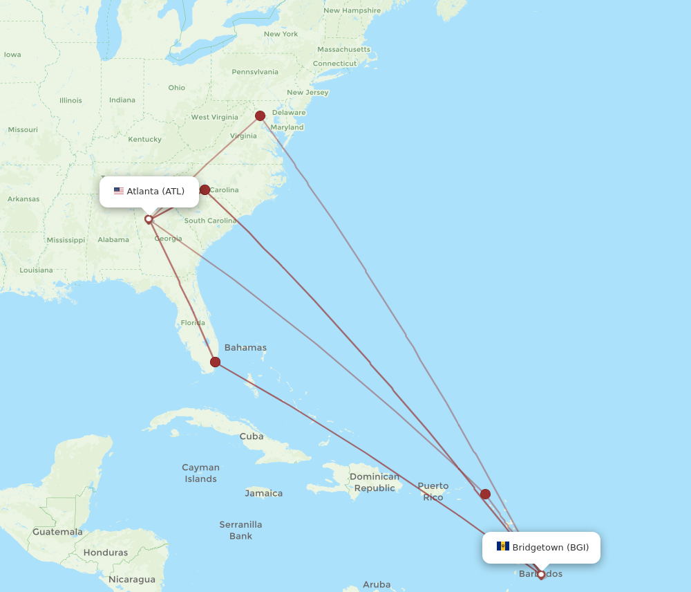 All flight routes from Atlanta to Bridgetown, ATL to BGI - Flight Routes