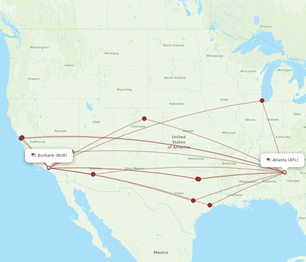 All flight routes from Atlanta to Burbank, ATL to BUR - Flight Routes