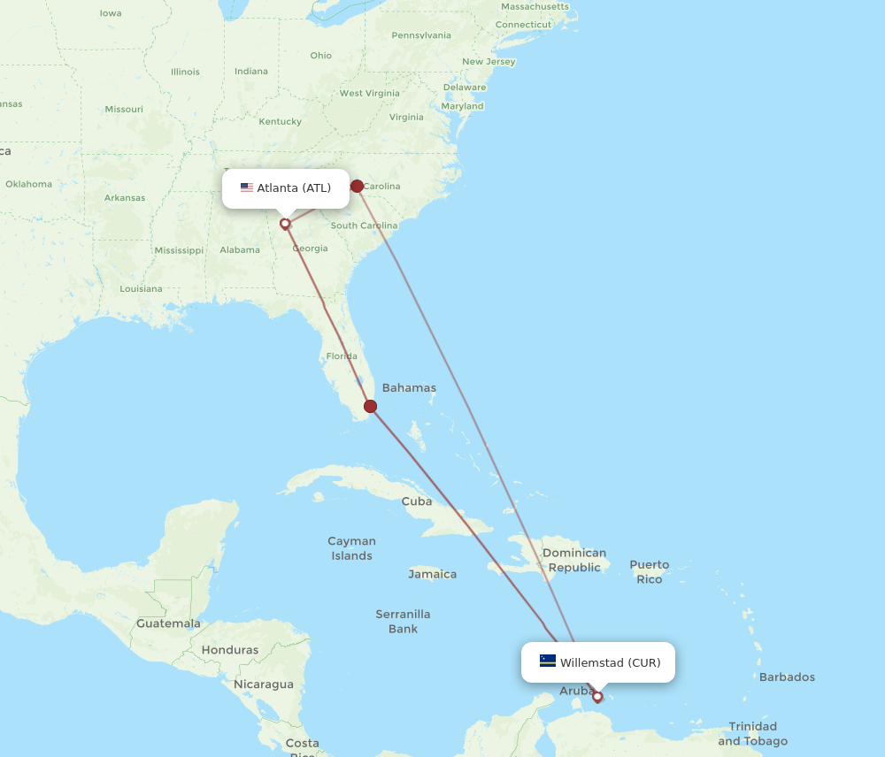 All flight routes from Atlanta to Curacao, ATL to CUR - Flight Routes