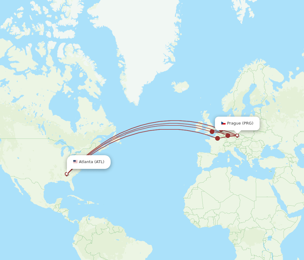 All flight routes from Atlanta to Prague, ATL to PRG Flight Routes