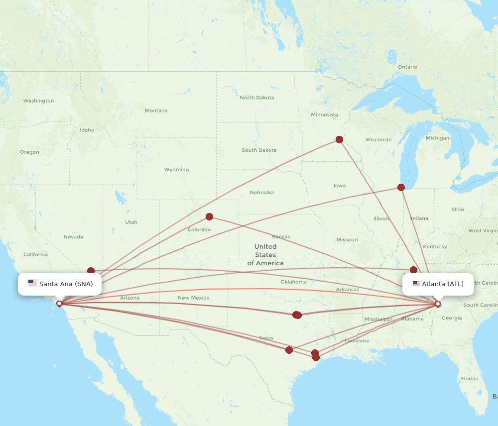 All flight routes from Atlanta to Santa Ana, ATL to SNA - Flight Routes