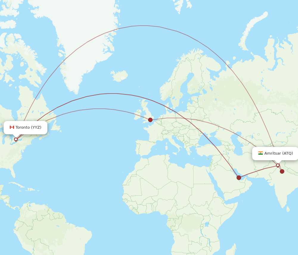 All flight routes from Amritsar to Toronto, ATQ to YYZ - Flight Routes