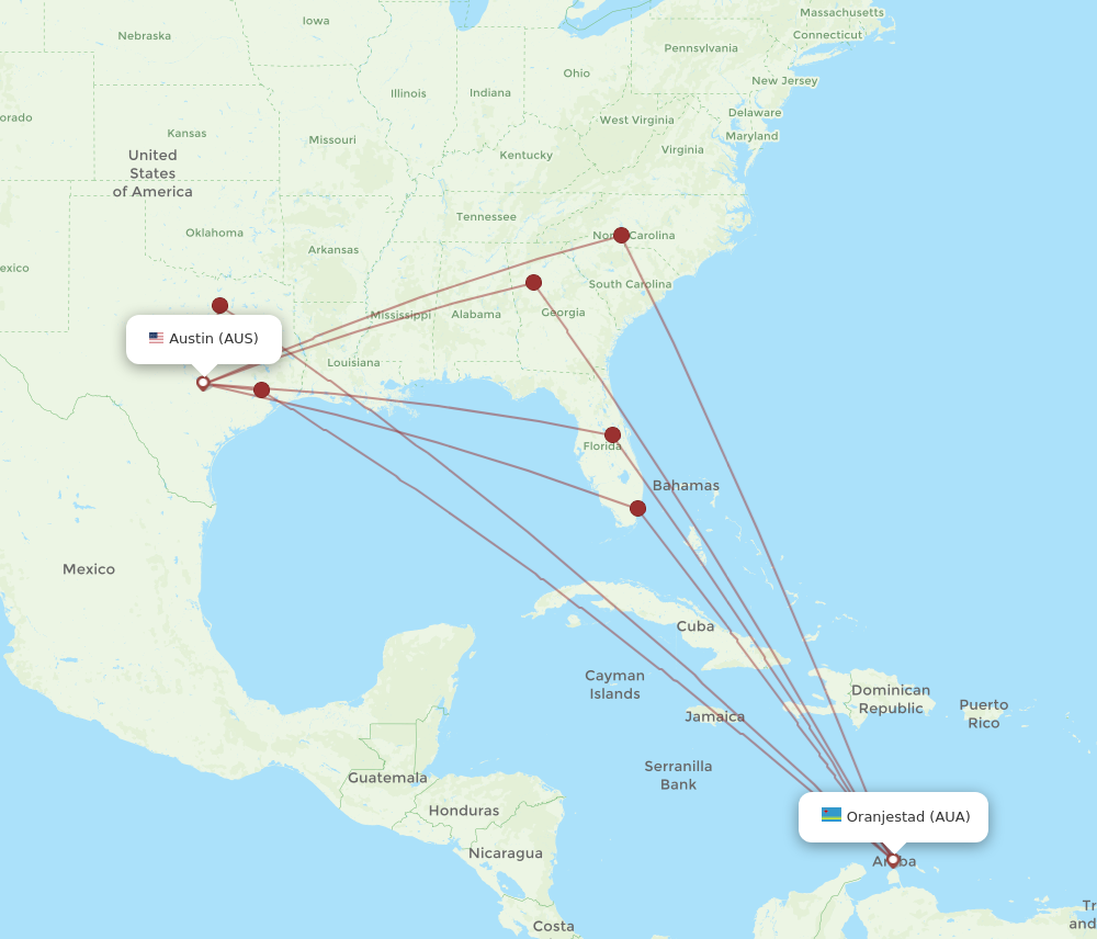 All flight routes from Aruba to Austin, AUA to AUS Flight Routes